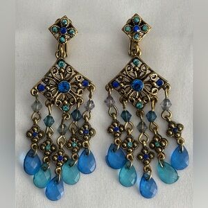 Vintage Blue Chandelier Clip On Earrings | Gold Tone Boho Drops